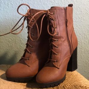 Brown Pleather Mid Calf Ankle Boots